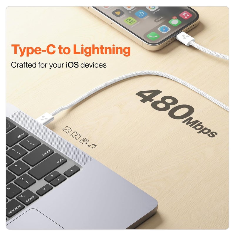 AMBRANE كابل Type-C إلى Lightning، كابل شحن سريع 22.5 واط متوافق مع iPhone 14، 13، 12، 11، X، 8، 7، 6، 5، Pro، Max، iPad، Macbook، iMac، AirPods، يدعم CarPlay، 1.2م (ABTL-Q12، أبيض) - Image 5