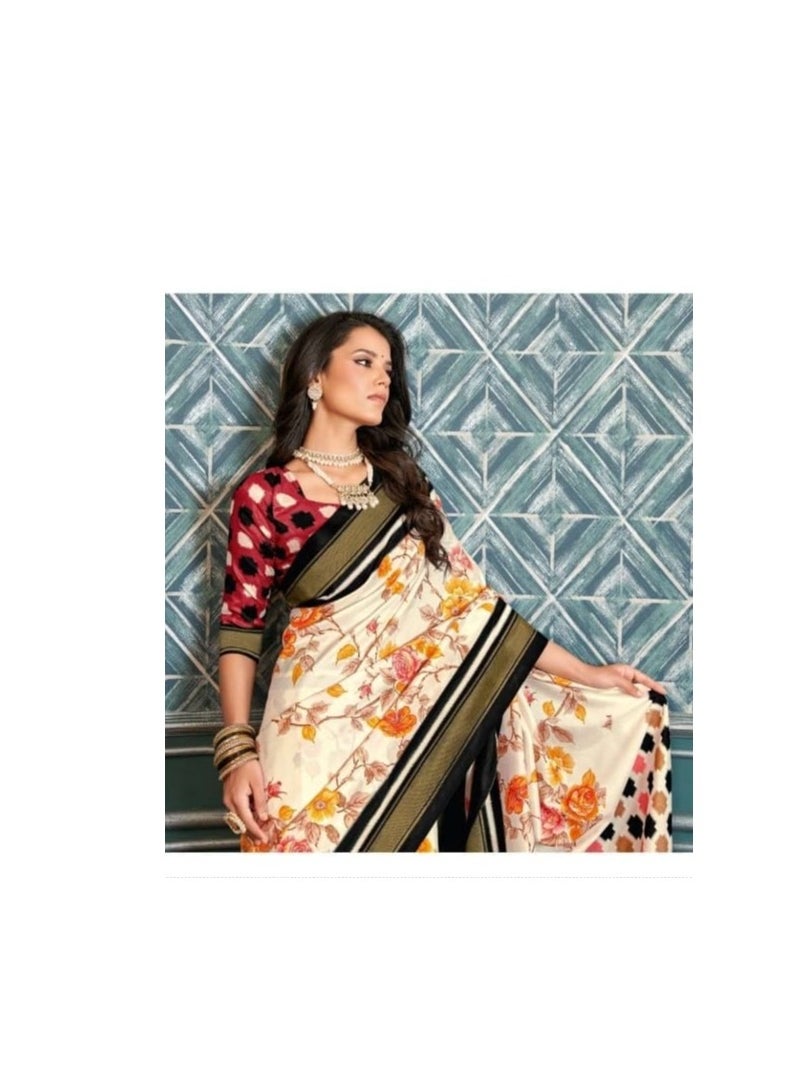 Grab Mantra - Kathi Silk Floral Print Saree With Black Border And Red Unstitched Blouse - Image 1