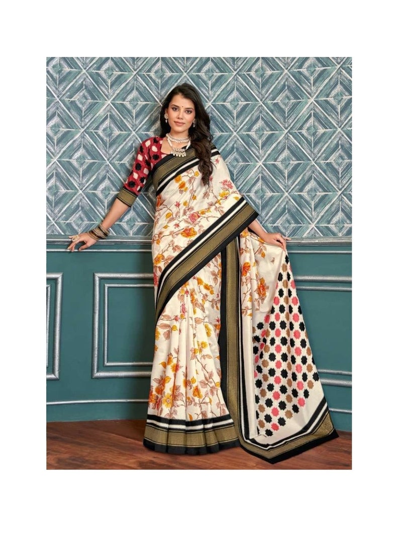 Grab Mantra - Kathi Silk Floral Print Saree With Black Border And Red Unstitched Blouse - Image 1