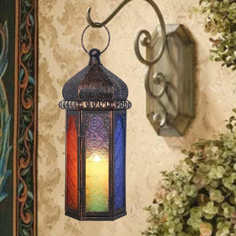 DECORKEY Ramadan Decorations Vintage Candle Lantern Decorative IndoorOutdoor 147 Moroccan HangingTabletop Lantern with 6 Colors Glass Metal Decor for Home Front Porch Patio Decor