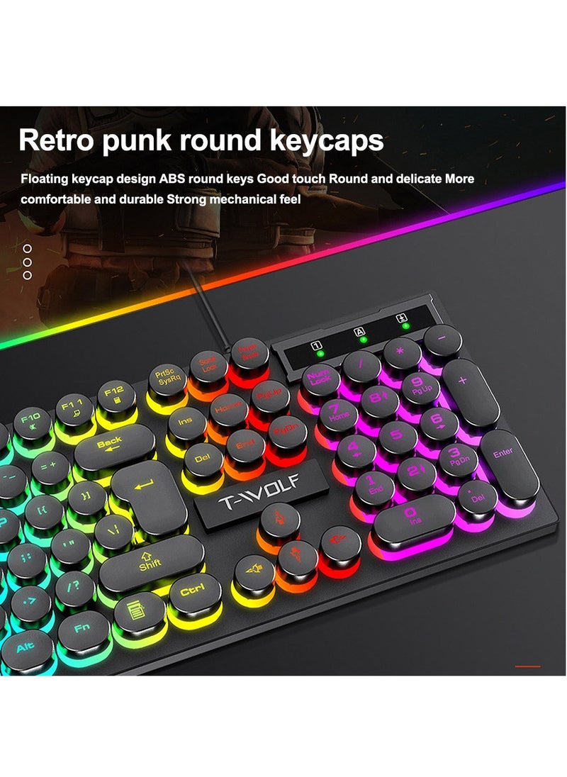 T-WOLF - 104-Key RGB Punk Backlit Keyboard & Mouse Combo, Mechanical Feel Gaming Keyboards with Retro Floating Keycaps, 1000DPI Ergonomic Mouse for PC Gamers - Image 1