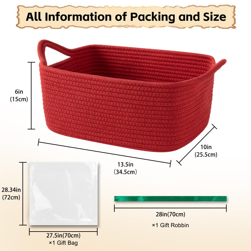 OIAHOMY Woven Basket, Gift Basket Empty with Gift Bags and Ribbons, Rope Baskets for Baby Showers, Storage Baskets with Handles for Nursery, Pet Toy Organizer - Red - Image 2