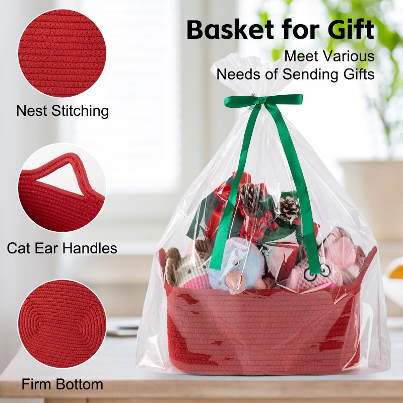 OIAHOMY Woven Basket, Gift Basket Empty with Gift Bags and Ribbons, Rope Baskets for Baby Showers, Storage Baskets with Handles for Nursery, Pet Toy Organizer - Red - Image 3