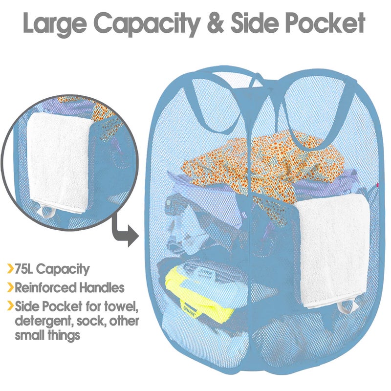 BATTOO Deluxe Strong Mesh Pop up Laundry Hamper Basket with Side Pocket Foldable Hamper for Laundry Room, Bathroom, Kids Room, College Dorm or Travel Light Blue - Image 5