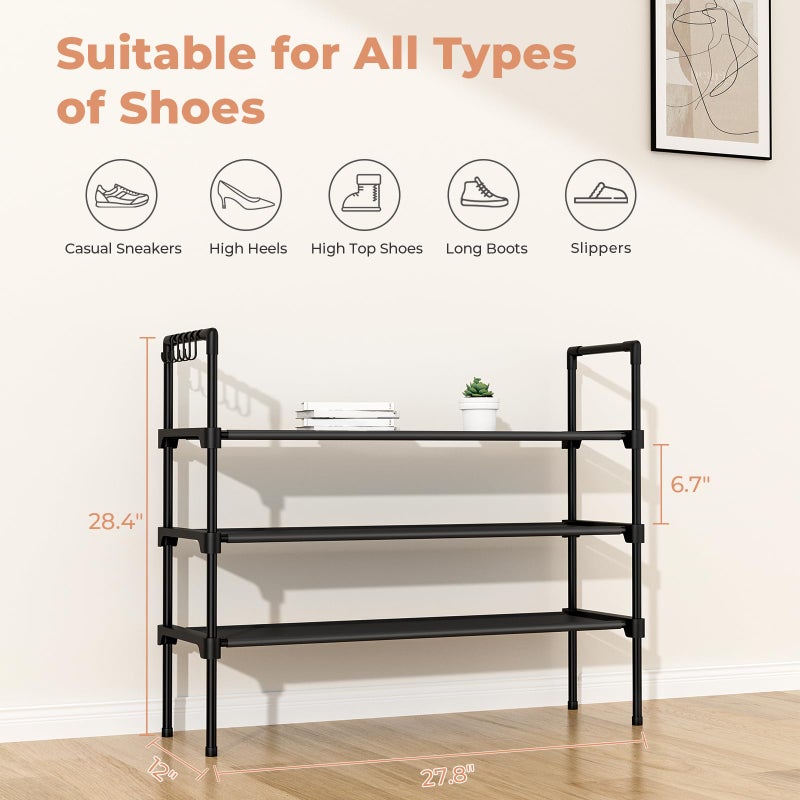 LANTEFUL 3 Tier Shoe Rack for Closet, Shoe Organizer with 5 Hooks, Long Shoe Shelf Storage for Sneaker and Boot Stackable Free Standing Shoe Rack for Entryway, Garage, Small Spaces, Dorm - Image 3