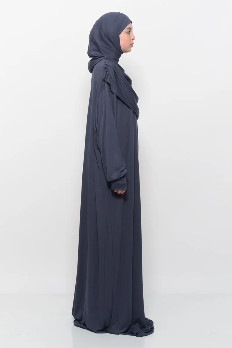 Altobeh Practical One Piece Cotton Bat Sleeves Removable Organic Hijab Prayer Dress with Headscarf - Smoked