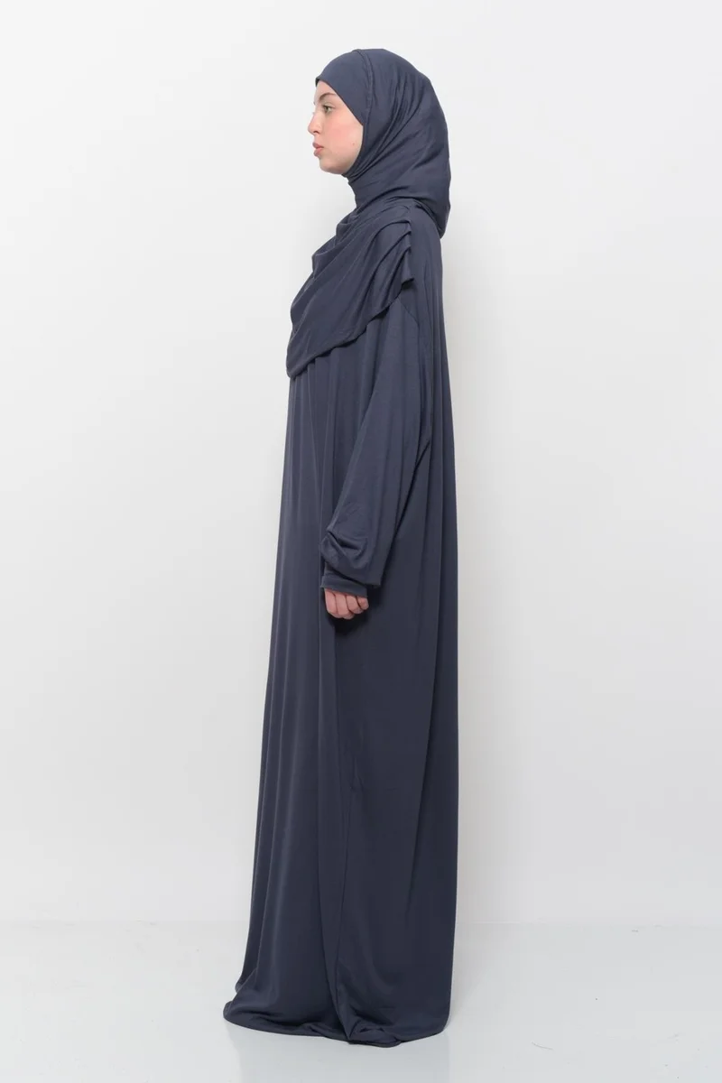 Altobeh Practical One Piece Cotton Bat Sleeves Removable Organic Hijab Prayer Dress with Headscarf - Smoked