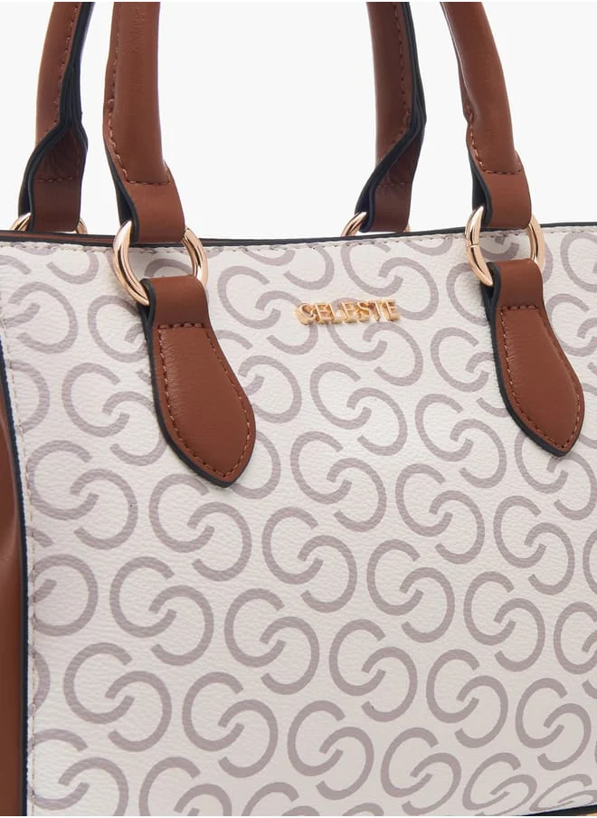 Celeste Women Monogram Print Tote Bag with Double Handles and Detachable Strap
