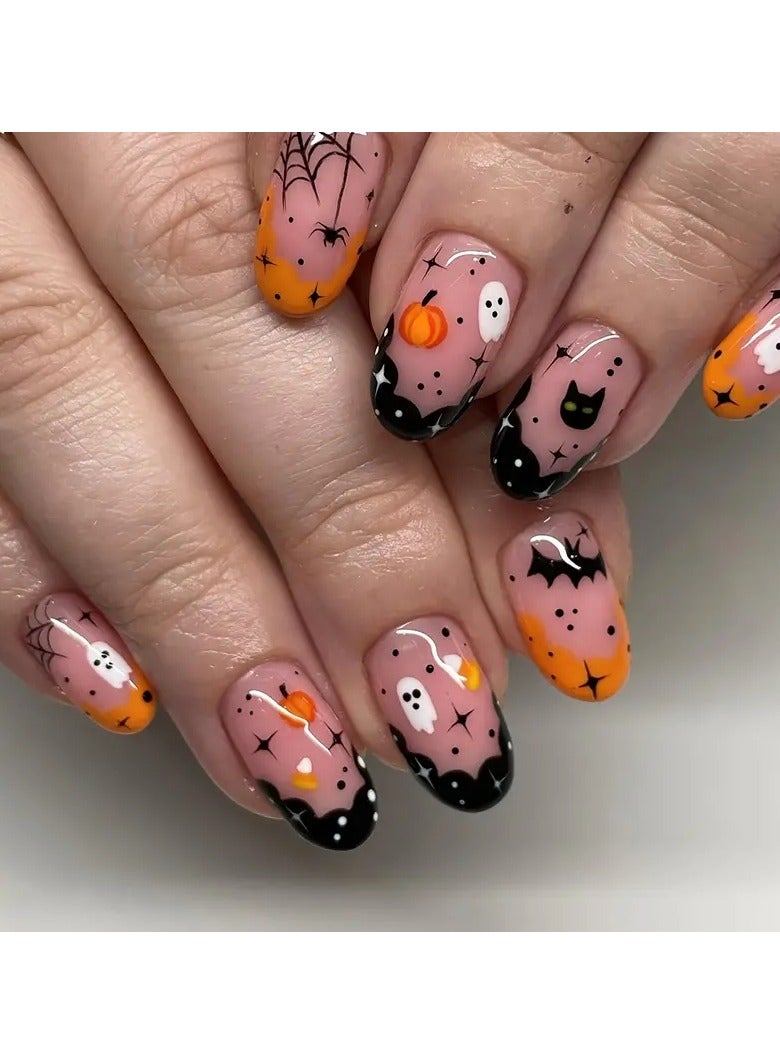 ORiTi Halloween Funny Pumpkin Fake Nails, Cute Ghost Spider Web With Design Press On Nails, Medium Almond Shape Pinkish False Nails For Women Girls, 24pcs - Image 1
