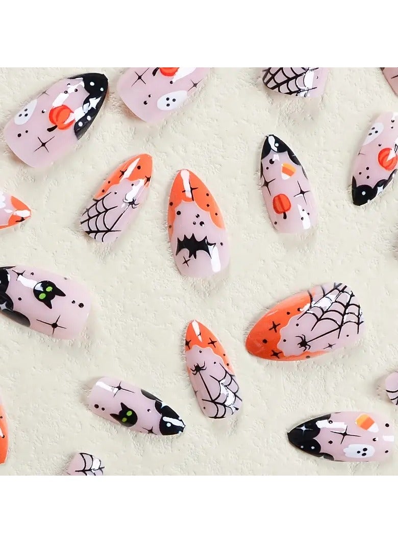 ORiTi Halloween Funny Pumpkin Fake Nails, Cute Ghost Spider Web With Design Press On Nails, Medium Almond Shape Pinkish False Nails For Women Girls, 24pcs - Image 2