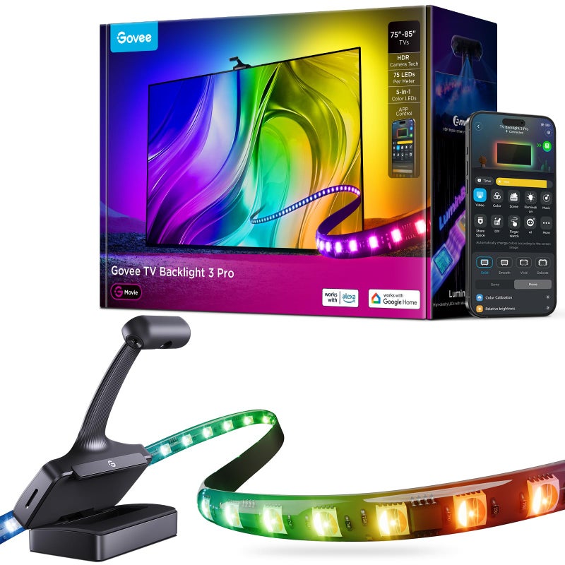 Govee جوفى تي في باكلايت 3 برو مع كاميرا ثلاثية HDR 164 قدم 5 في 1 RGBWWIC أشرطة إضاءة LED التي تتغير مع 7585 بوصة تلفزيونات 75LEDsm تدعم تطبيق ذكي مع مرشح الذكاء الاصطناعي والتحكم الصوتي DreamView Sync - Image 2