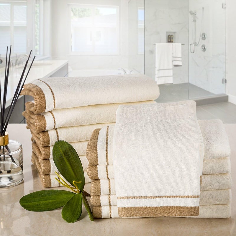 Creative Scents 100% Cotton Velour Fingertip Towels - 12 Pack 11 by 18 Inch – Decorative, Extra Absorbent and Soft Face Towel, Ideal for Bathroom and Powder Room (Cream with Brown Trim) - Image 2
