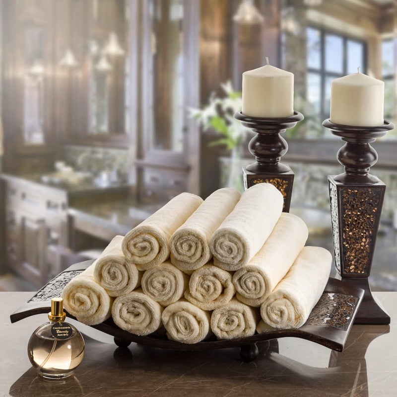 Creative Scents 100% Cotton Velour Fingertip Towels - 12 Pack 11 by 18 Inch – Decorative, Extra Absorbent and Soft Face Towel, Ideal for Bathroom and Powder Room (Cream with Brown Trim) - Image 4