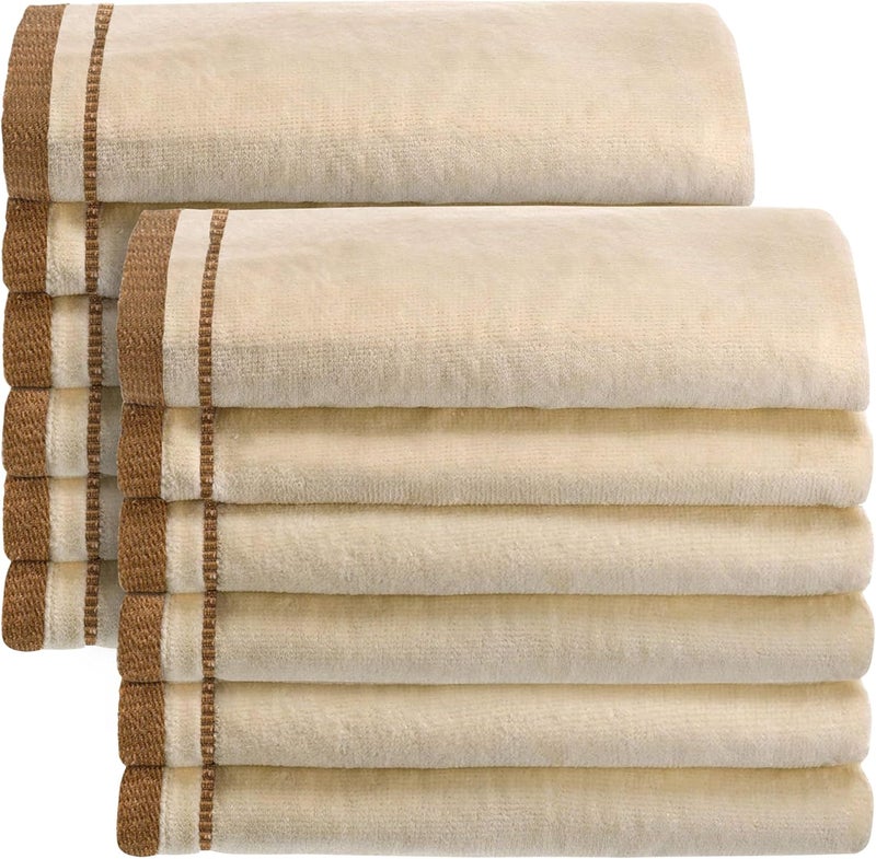 Creative Scents 100% Cotton Velour Fingertip Towels - 12 Pack 11 by 18 Inch – Decorative, Extra Absorbent and Soft Face Towel, Ideal for Bathroom and Powder Room (Cream with Brown Trim) - Image 1