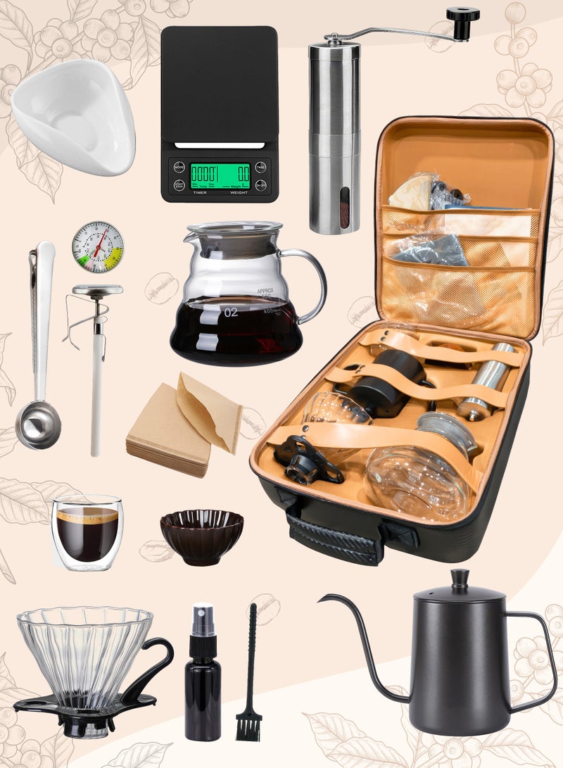 V60 Set 14-Piece Coffee Drip Set, Including Scale, Drip Pot, Coffee Filter, Coffee Grinder, Drip Funnel, Thermometer, With Tool Box  - Image 1