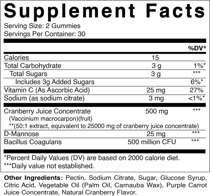 Vitamatic فيتاميناتك 2 عبوة من حلوى التوت البري النباتية مع بروبيوتيك DMannose وفيتامين C لصحة المسالك البولية للنساء 25000 ملغ مكافئ لكل حصة من مستخلص 501 500 ملغ 60 حبة - Image 2