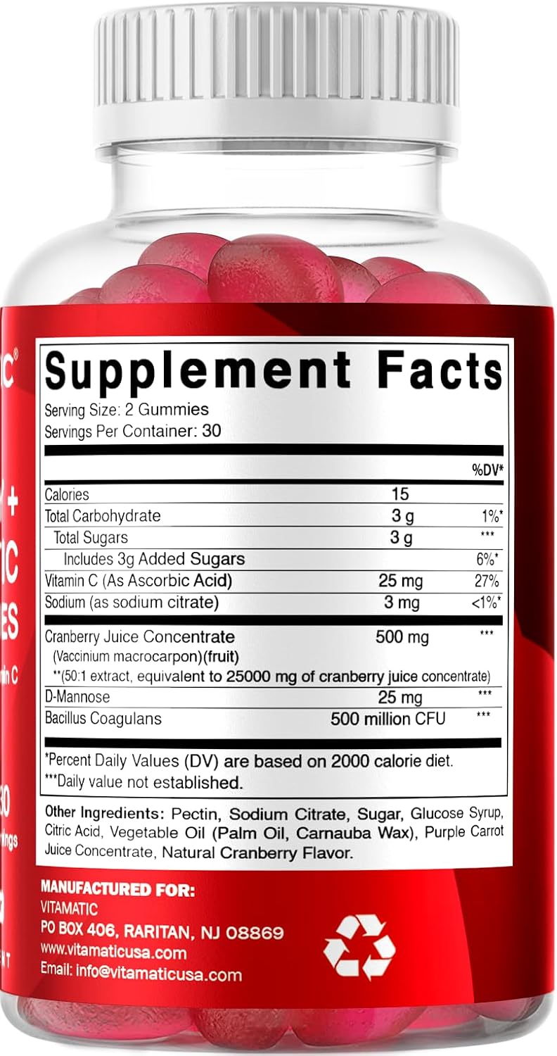 Vitamatic فيتاميناتك 2 عبوة من حلوى التوت البري النباتية مع بروبيوتيك DMannose وفيتامين C لصحة المسالك البولية للنساء 25000 ملغ مكافئ لكل حصة من مستخلص 501 500 ملغ 60 حبة - Image 5