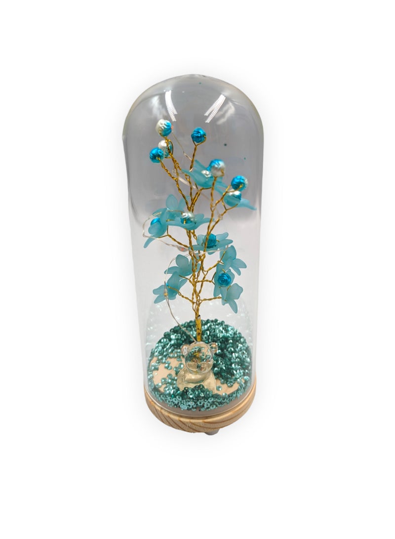 UNT Wish Tree With Tiny Teddy Bear and Glitter in Glass Dome - Image 2