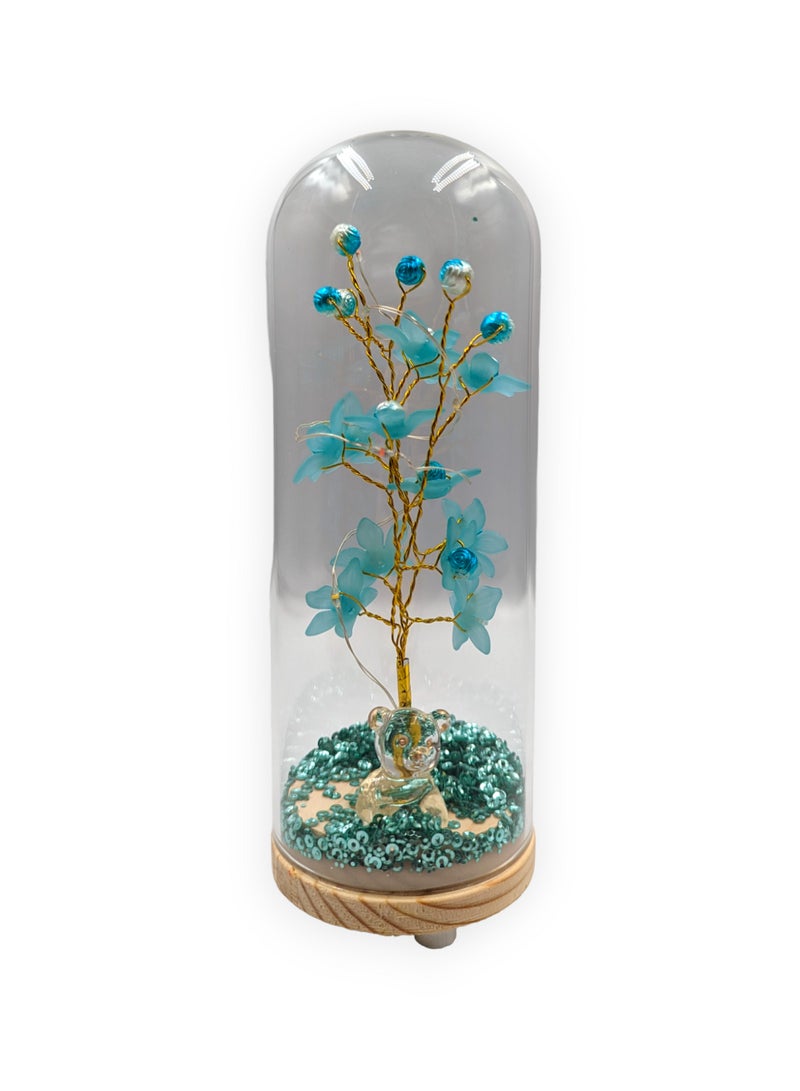 UNT Wish Tree With Tiny Teddy Bear and Glitter in Glass Dome - Image 1