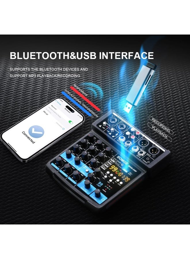 بومج ميكسر صوت BOMGE صغير 4 قنوات مع بلوتوث وUSB و48V فانتوم باور ومؤثرات DSP للبث والكاريوكي والتسجيل - Image 4