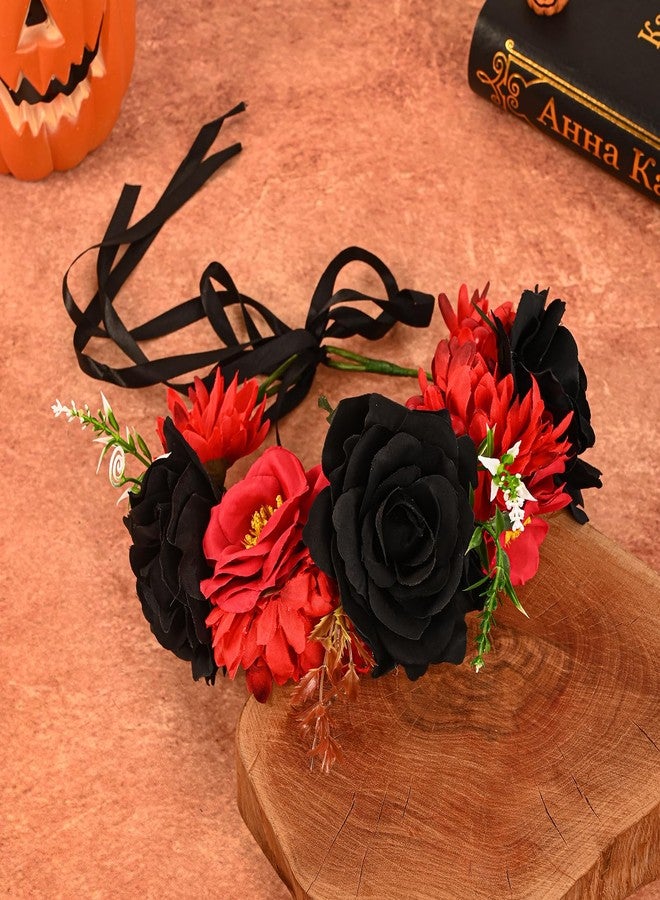 Vividsun Day of The Dead Flower Headband Rose Flower Crown Headpiece (red black) - Image 3