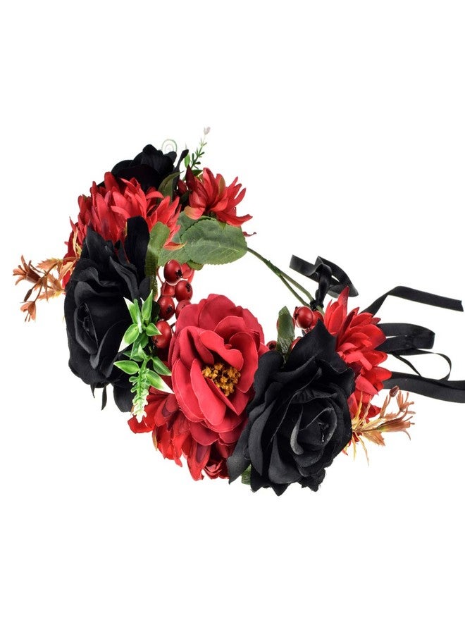 Vividsun Day of The Dead Flower Headband Rose Flower Crown Headpiece (red black) - Image 2