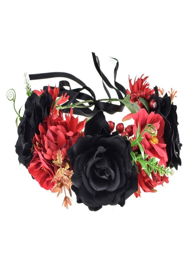 Vividsun Day of The Dead Flower Headband Rose Flower Crown Headpiece (red black) - Image 1