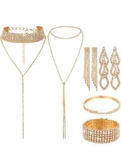 Mtlee 6 Pieces Women Rhinestone Jewelry Set Layered Choker Necklaces Long Tassel Necklaces Crystal Bracelet Cuff Bangles Diamond Tassel Dangle Earrings (Gold)  - Image 1