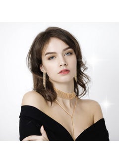Mtlee 6 Pieces Women Rhinestone Jewelry Set Layered Choker Necklaces Long Tassel Necklaces Crystal Bracelet Cuff Bangles Diamond Tassel Dangle Earrings (Gold)  - Image 3
