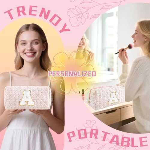 ChaoGreat Personalized Quilted Cosmetic Bag, Puffy Monogrammed Christmas Birthday Gifts for Women & Girls, Cute initial Floral Makeup Bag Puffer Coquette Bag, Aesthetic Travel Toiletry Zipper Pouch(Pink,A) - Image 4