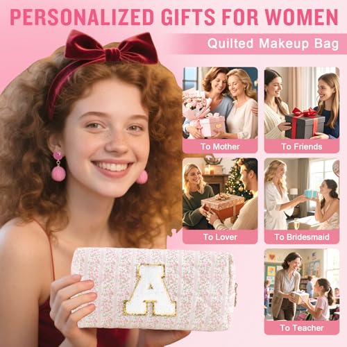 ChaoGreat Personalized Quilted Cosmetic Bag, Puffy Monogrammed Christmas Birthday Gifts for Women & Girls, Cute initial Floral Makeup Bag Puffer Coquette Bag, Aesthetic Travel Toiletry Zipper Pouch(Pink,A) - Image 5