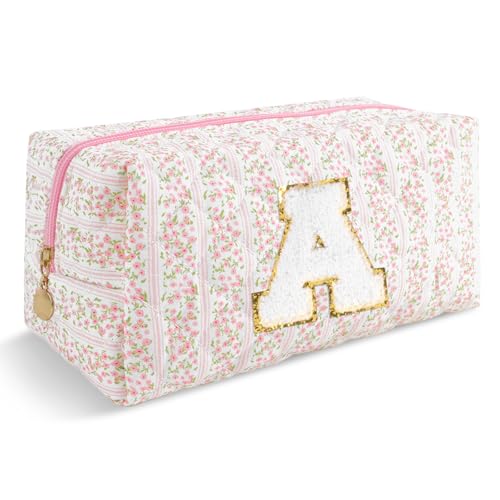 ChaoGreat Personalized Quilted Cosmetic Bag, Puffy Monogrammed Christmas Birthday Gifts for Women & Girls, Cute initial Floral Makeup Bag Puffer Coquette Bag, Aesthetic Travel Toiletry Zipper Pouch(Pink,A) - Image 1