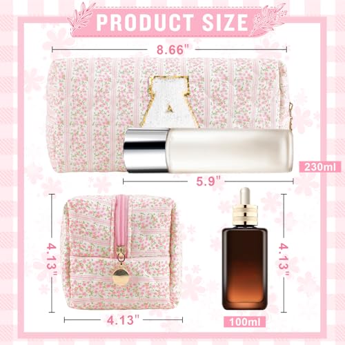 ChaoGreat Personalized Quilted Cosmetic Bag, Puffy Monogrammed Christmas Birthday Gifts for Women & Girls, Cute initial Floral Makeup Bag Puffer Coquette Bag, Aesthetic Travel Toiletry Zipper Pouch(Pink,A) - Image 2
