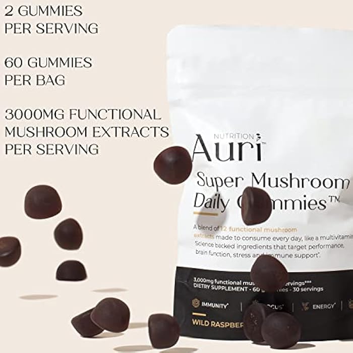 Auri Nutrition Super Mushroom Daily Gummies – All-in-One Functional Gummy with 12 Mushroom Blend Including Lion’s Mane, Reishi, Chaga & Cordyceps – 60 Gummies - Image 5