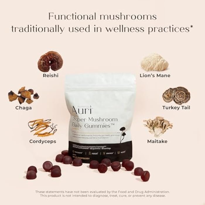 Auri Nutrition Super Mushroom Daily Gummies – All-in-One Functional Gummy with 12 Mushroom Blend Including Lion’s Mane, Reishi, Chaga & Cordyceps – 60 Gummies - Image 4