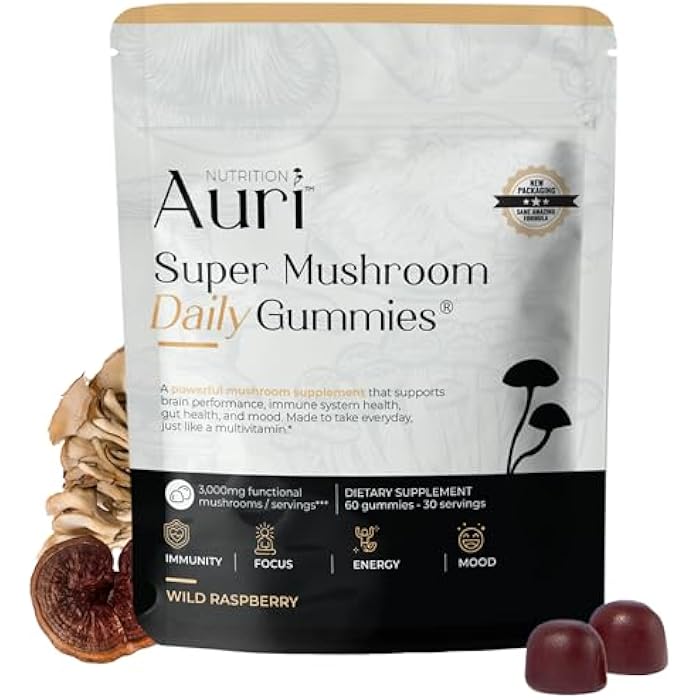 Auri Nutrition Super Mushroom Daily Gummies – All-in-One Functional Gummy with 12 Mushroom Blend Including Lion’s Mane, Reishi, Chaga & Cordyceps – 60 Gummies - Image 1