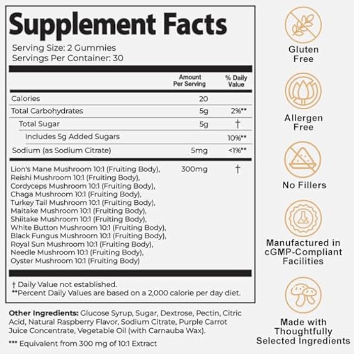 Auri Nutrition Super Mushroom Daily Gummies – All-in-One Functional Gummy with 12 Mushroom Blend Including Lion’s Mane, Reishi, Chaga & Cordyceps – 60 Gummies - Image 3