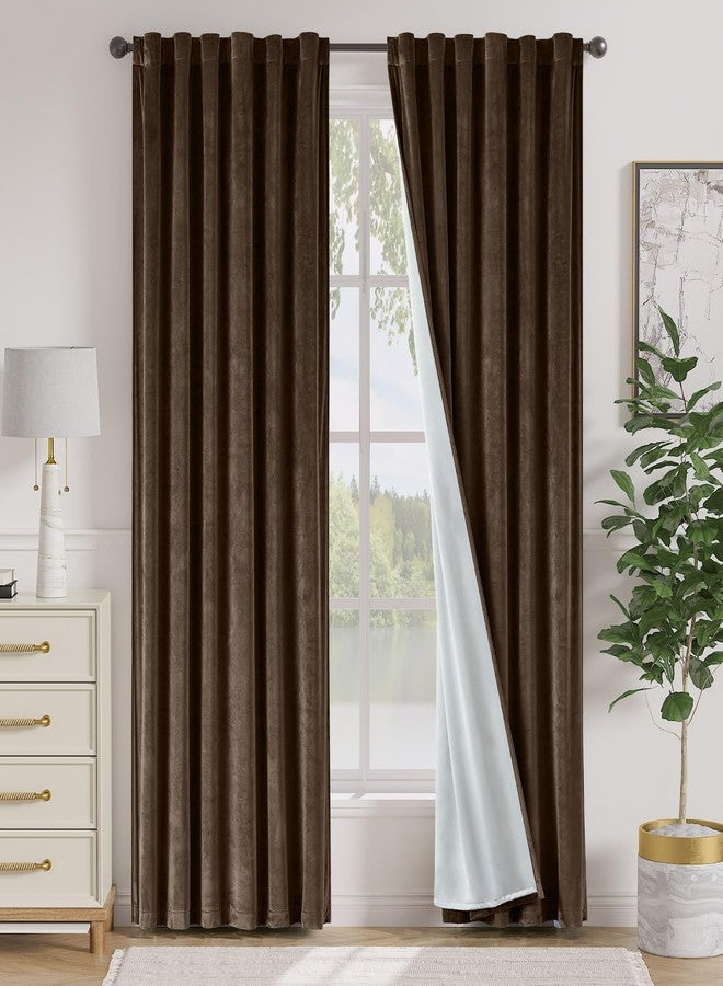 Lazzzy Dark Brown 84 Inch Long (52 x 84 Inch) Blackout Velvet Curtains Thermal Insulated Blackout Curtain Drapes Luxury Back Tab Window Treatments for Bedroom Living Room 2 Panels, Truffle - Image 1