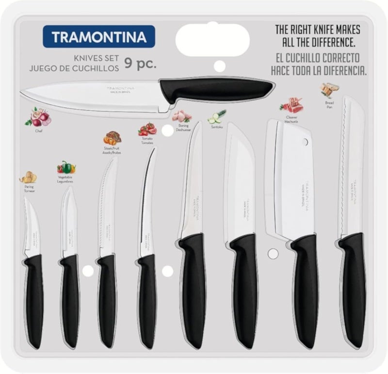Professional Kitchen Knife Set, 9-Piece, Stainless Steel Blades with Black Polypropylene Handles, Complete Culinary Collection