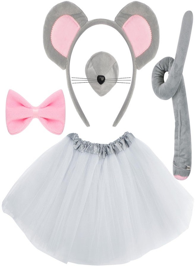 Exacoo Grey Mouse Costume Set Fuzzy Mouse Ears Headband Nose Pink Bowtie Tail Tutu Skirt Kit Festival Cosplay Party Dress Up Book Character Accessories Animal Costumes - Image 1