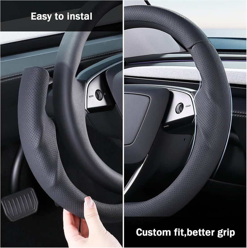 Aotoyou Steering Wheel Cover for Tesla Model 3 2024-Present Highland/Tesla Model Y Juniper 2025-Present, Leather Steering Wheel Cover for Tesla Model 3 Highland/Y Juniper Accessories, Black - Image 5