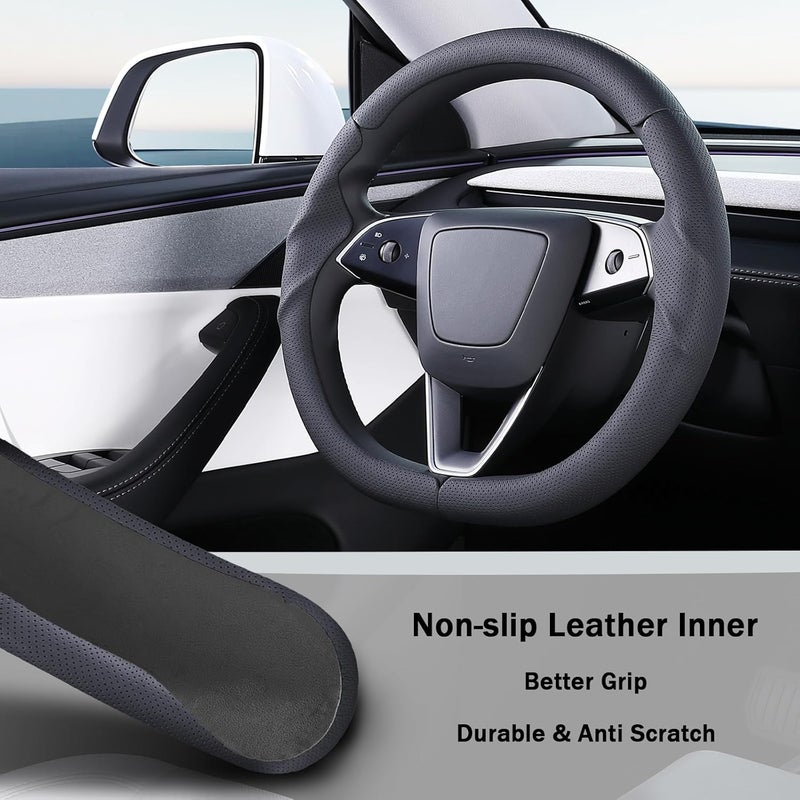 Aotoyou Steering Wheel Cover for Tesla Model 3 2024-Present Highland/Tesla Model Y Juniper 2025-Present, Leather Steering Wheel Cover for Tesla Model 3 Highland/Y Juniper Accessories, Black - Image 3