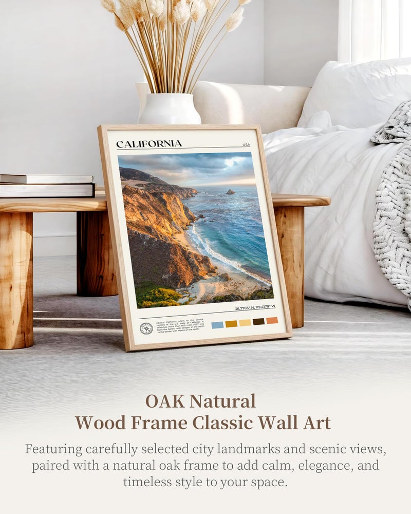 HesenDot Natural OAK Wood Coastal California Refers Framed Wall Art,12x16in Natural Seascape Canvas Wall Print,Classic Urban Landmark Wall Decor for Living Room,Bedroom,Office Gallery Gifts Set of 1 - Image 5