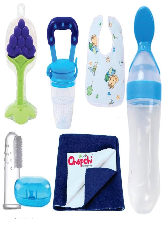 Chopchi Combo of 6 Item- Baby Pacifier 1 Pcs, Silicone Spoon 90ML 1 Pcs,Teether 1 Pcs,Finger Brush 1 Pcs,Royal Blue Dry Sheet Small Size 50x70cm 1 Pcs, Baby bib 1 Pcs (Blue Set) - Image 1