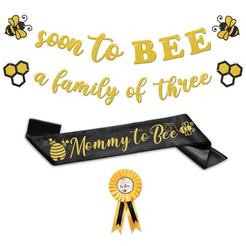 Faisichocalato Bumble Bee Baby Shower Decoration Set Soon to Bee A Family of Three Banner Mom to Bee Sash Daddy to Bee Badge Bee Themed Sprinkle Gender Reveal Pregnancy Announcement Honeycomb Party Supplies - Image 1