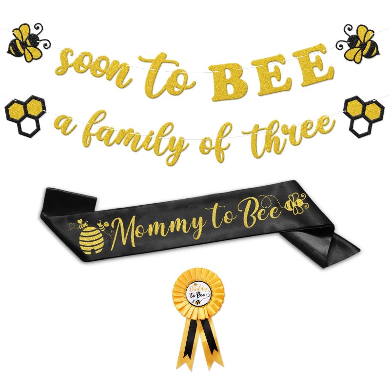 Faisichocalato Bumble Bee Baby Shower Decoration Set Soon to Bee A Family of Three Banner Mom to Bee Sash Daddy to Bee Badge Bee Themed Sprinkle Gender Reveal Pregnancy Announcement Honeycomb Party Supplies - Image 3