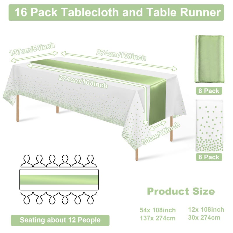MASHAN 16Pack Plastic Tablecloths and Satin Table Runner Set Disposable White and Sage Green Dot Table Cloth Green Satin Table Runner for Wedding Birthday Baby Shower Anniversary Holiday Party Decorations - Image 2