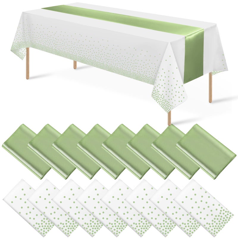 MASHAN 16Pack Plastic Tablecloths and Satin Table Runner Set Disposable White and Sage Green Dot Table Cloth Green Satin Table Runner for Wedding Birthday Baby Shower Anniversary Holiday Party Decorations - Image 1