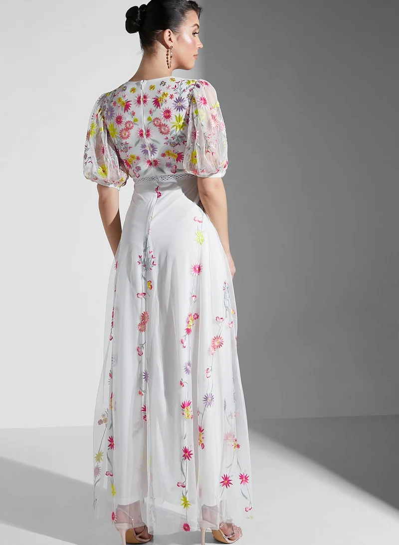 Frock and Frill Floral Embroidered Maxi Dress