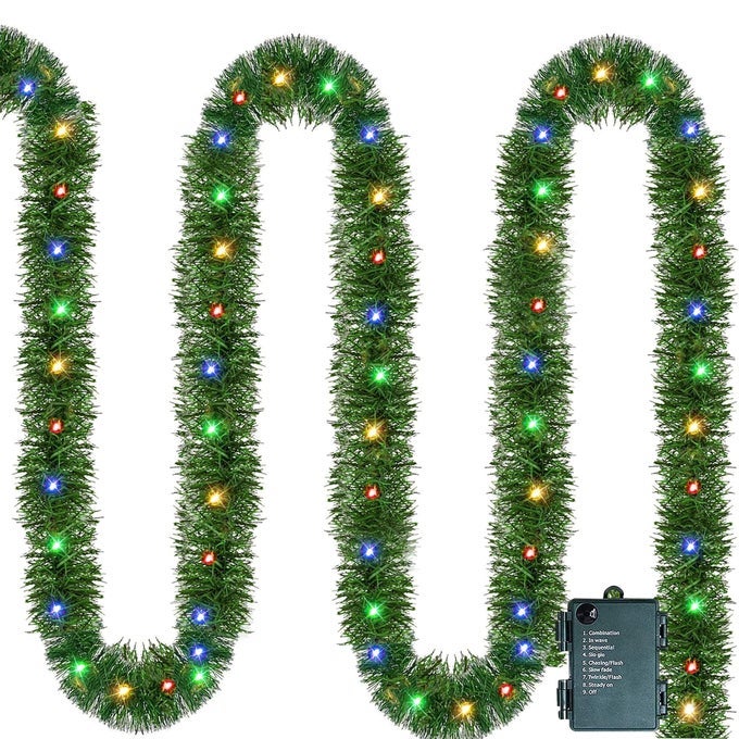 Nerosun 148 FT Artificial Christmas Garland 50 PreLit LED Mini String Lights Battery Operated Xmas Garland for Home Stair Railing Indoor Wedding Party Christmas Ornament Decorations MultiColored